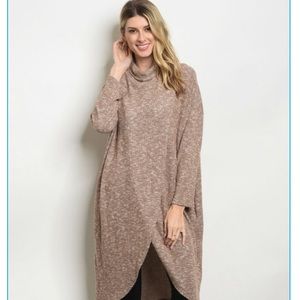Cowl neck beige hi low ribbed slub tunic